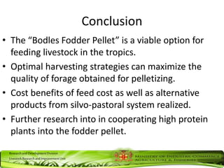 ResearchandDevelopmentDivision
LivestockResearchandImprovementUnit
Conclusion
• The “Bodles Fodder Pellet” is a viable option for
feeding livestock in the tropics.
• Optimal harvesting strategies can maximize the
quality of forage obtained for pelletizing.
• Cost benefits of feed cost as well as alternative
products from silvo-pastoral system realized.
• Further research into in cooperating high protein
plants into the fodder pellet.
 