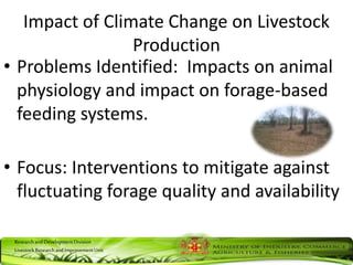 ResearchandDevelopmentDivision
LivestockResearchandImprovementUnit
Impact of Climate Change on Livestock
Production
• Problems Identified: Impacts on animal
physiology and impact on forage-based
feeding systems.
• Focus: Interventions to mitigate against
fluctuating forage quality and availability
 