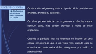 mICROBIOLOGIA
1.2. Morfologia e
estrutura dos
microorganismos
1.2.1.Vírus
Os vírus são exigentes quanto ao tipo de célula que infectam
(Plantas, animais ou bactérias).
Os vírus podem infectar um organismo e não lhe causar
nenhum dano, mas podem provocar a morte de outro
organismo.
Quando a partícula viral se encontra no interior de uma
célula, considera-se que é um vírus mas, quando esta se
encontra no meio extracelular, designa-se por virião ou
partícula viral.
 