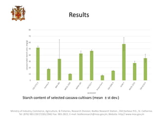Results
0
10
20
30
40
50
60
70
80
cassavatuberstarchconc.(mg/g)
accession
Starch content of selected cassava cultivars (mean ± st dev.)
Ministry of Industry, Commerce, Agriculture, & Fisheries, Research Division; Bodles Research Station , Old Harbour P.O., St. Catherine.
Tel: (876) 983 2267/2281/2842 Fax: 983-2822; E-mail: bodlesresarch@moa.gov.jm; Website: http//:www.moa.gov.jm
 