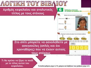 Αριθμός κεφαλαίου και αναλυτικός
τίτλος με τους στόχους
Τι θα πρέπει να ξέρει το παιδί
με το τέλος αυτού του
κεφαλαίου.
Στο σπίτι μπορείτε να ασχοληθείτε με
ασκησούλες (απλές και όχι
χρονοβόρες) που να έχουν αυτούς
τους στόχους
 