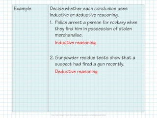 Sometimes we can use inductive reasoning
to solve a problem that does not appear to
have a pattern.
Example: Find the sum of the first 20 odd
numbers.
Sum of first 20 odd numbers?
1
1 + 3
1 + 3 + 5
1 + 3 + 5 + 7
1
4
9
16
12
22
32
42
202 = 400
 