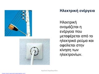 Ηλεκτρική ενέργεια
Ηλεκτρική
ονομάζεται η
ενέργεια που
μεταφέρεται από το
ηλεκτρικό ρεύμα και
οφείλεται στην
κίνηση των
ηλεκτρονίων.
Αγγελική Χαραλαμπίδου
Επιμέλεια: Χρήστος Χαρμπής http://st-taksh.blogspot.gr σελ.33
 