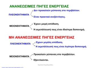 ΜΗ ΑΝΑΝΕΩΣΙΜΕΣ ΠΗΓΕΣ ΕΝΕΡΓΕΙΑΣ
ΠΛΕΟΝΕΚΤΗΜΑΤΑ
Δεν προκαλούν ρύπανση στο περιβάλλον.
Είναι πρακτικά ανεξάντλητες.
Η εκμετάλλευσή τους είναι ιδιαίτερα δαπανηρή.
ΜΕΙΟΝΕΚΤΗΜΑΤΑ
Έχουν μικρή απόδοση.
ΑΝΑΝΕΩΣΙΜΕΣ ΠΗΓΕΣ ΕΝΕΡΓΕΙΑΣ
ΠΛΕΟΝΕΚΤΗΜΑΤΑ
Έχουν μεγάλη απόδοση.
Εξαντλούνται.
ΜΕΙΟΝΕΚΤΗΜΑΤΑ
Προκαλούν ρύπανση στο περιβάλλον.
Η εκμετάλλευσή τους είναι λιγότερο δαπανηρή.
Αγγελική Χαραλαμπίδου
Επιμέλεια: Χρήστος Χαρμπής http://st-taksh.blogspot.gr σελ.76
 
