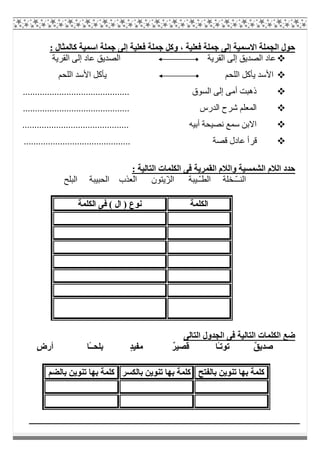 : ‫ﻛﺎﻟﻤﺜﺎل‬ ‫اﺳﻤﯿﺔ‬ ‫ﺟﻤﻠﺔ‬ ‫إﻟﻰ‬ ‫ﻓﻌﻠﯿﺔ‬ ‫ﺟﻤﻠﺔ‬ ‫وﻛﻞ‬ ، ‫ﻓﻌﻠﯿﺔ‬ ‫ﺟﻤﻠﺔ‬ ‫إﻟﻰ‬ ‫اﻻﺳﻤﯿﺔ‬ ‫اﻟﺠﻤﻠﺔ‬ ‫ﺣﻮل‬
‫اﻟﻘﺮﯾﺔ‬ ‫إﻟﻰ‬ ‫ﻋﺎد‬ ‫اﻟﺼﺪﯾﻖ‬ ‫اﻟﻘﺮﯾﺔ‬ ‫إﻟﻰ‬ ‫اﻟﺼﺪﯾﻖ‬ ‫ﻋﺎد‬
‫اﻟﻠﺤﻢ‬ ‫اﻷﺳﺪ‬ ‫ﯾﺄﻛﻞ‬ ‫اﻟﻠﺤﻢ‬ ‫ﯾﺄﻛﻞ‬ ‫اﻷﺳﺪ‬
............................................ ‫اﻟﺴﻮق‬ ‫إﻟﻰ‬ ‫أﻣﻰ‬ ‫ذھﺒﺖ‬
............................................ ‫اﻟﺪرس‬ ‫ﺷﺮح‬ ‫اﻟﻤﻌﻠﻢ‬
.............................. ‫أﺑﯿﮫ‬ ‫ﻧﺼﯿﺤﺔ‬ ‫ﺳﻤﻊ‬ ‫اﻻﺑﻦ‬..............
............................................ ‫ﻗﺼﺔ‬ ‫ﻋﺎدل‬ ‫ﻗﺮأ‬
: ‫اﻟﺘﺎﻟﯿﺔ‬ ‫اﻟﻜﻠﻤﺎت‬ ‫ﻓﻰ‬ ‫اﻟﻘﻤﺮﯾﺔ‬ ‫واﻟﻼم‬ ‫اﻟﺸﻤﺴﯿﺔ‬ ‫اﻟﻼم‬ ‫ﺣﺪد‬
‫اﻟﺒﻠﺢ‬ ‫اﻟﺤﺒﯿﺒﺔ‬ ‫ْﻌﺬب‬‫ﻟ‬‫ا‬ ‫ّﯾﺘﻮن‬‫ﺰ‬‫اﻟ‬ ‫ّـﯿﺒﺔ‬‫ـ‬‫اﻟﻄ‬ ‫ّـﺨﻠﺔ‬‫ـ‬‫اﻟﻨـ‬
‫اﻟﺘﺎﻟﻰ‬ ‫اﻟﺠﺪول‬ ‫ﻓﻰ‬ ‫اﻟﺘﺎﻟﯿﺔ‬ ‫اﻟﻜﻠﻤﺎت‬ ‫ﺿﻊ‬
ٍ‫ض‬‫أر‬ ‫ًﺎ‬‫ـ‬‫ﺑﻠﺤـ‬ ٍ‫ﺪ‬‫ﻣﻔﯿ‬ ٌ‫ﺮ‬‫ﻗﺼﯿ‬ ‫ًﺎ‬‫ـ‬‫ﺗﻮﺗ‬ ٌ‫ﻖ‬‫ﺻﺪﯾ‬
‫اﻟﻜﻠﻤﺔ‬‫ﻓﻰ‬ ( ‫ال‬ ) ‫ﻧﻮع‬‫اﻟﻜﻠﻤﺔ‬
‫ﺑﺎﻟﻔﺘﺢ‬ ‫ﺗﻨﻮﯾﻦ‬ ‫ﺑﮭﺎ‬ ‫ﻛﻠﻤﺔ‬‫ﺑﺎﻟﻜﺴﺮ‬ ‫ﺗﻨﻮﯾﻦ‬ ‫ﺑﮭﺎ‬ ‫ﻛﻠﻤﺔ‬‫ﺑﺎﻟﻀﻢ‬ ‫ﺗﻨﻮﯾﻦ‬ ‫ﺑﮭﺎ‬ ‫ﻛﻠﻤﺔ‬
 