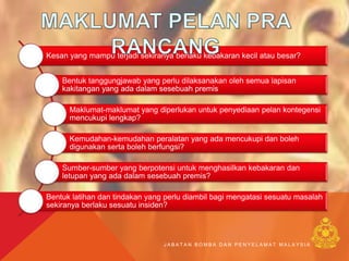 Kesan yang mampu terjadi sekiranya berlaku kebakaran kecil atau besar?
Bentuk tanggungjawab yang perlu dilaksanakan oleh semua lapisan
kakitangan yang ada dalam sesebuah premis
Maklumat-maklumat yang diperlukan untuk penyediaan pelan kontegensi
mencukupi lengkap?
Kemudahan-kemudahan peralatan yang ada mencukupi dan boleh
digunakan serta boleh berfungsi?
Sumber-sumber yang berpotensi untuk menghasilkan kebakaran dan
letupan yang ada dalam sesebuah premis?
Bentuk latihan dan tindakan yang perlu diambil bagi mengatasi sesuatu masalah
sekiranya berlaku sesuatu insiden?
J A B A T A N B O M B A D A N P E N Y E L A M A T M A L A Y S I A
 