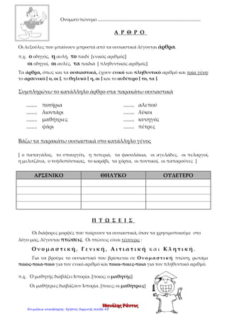 ΟΝΟΜΑ: ……………………………………………………………………………………………............ Γ1 - 23-9-11
Ξεχωρίζω τα γένη και την ονομαστική πτώση των ουσιαστικών
Κάθε ουσιαστικό μπορεί να είναι σε κάποιο από τα τρία γένη:
αρσενικό, θηλυκό ή ουδέτερο.
Ασκήσεις
1. Συμπληρώνω την κατάληξη που λείπει.
Το πλοί … Η καρέκλ … Το ποδήλατ …
Ο πιλότ … Ο γιατρ … Το πατίν …
Η κατεύθυνσ … Το κοπάδ … Ο πλάταν …
Η παρέ … Η πετσέτ … Η γόμ …
Το τετράδι … Η κιμωλί … Το βράδ …
2. Υπογραμμίζω το υποκείμενο του ρήματος.
• Η Μαρία είναι ενοχλητική.
• Ο παππούς ασχολείται με τις κότες.
• Η γιαγιά περνάει τον καιρό της με το πλέξιμο.
• Ο μπαμπάς έχει ένα άσπρο αυτοκίνητο.
3. Βάζω στην κατάλληλη στήλη τα ουσιαστικά:
Πλοίο, γιατρός, πιλότος, κλωστή, παρέα, κατεύθυνση, κούκλα, θρανίο,
σχολείο, παγωτό, άνθρωπος, μαθητής
Αρσενικά Θηλυκά Ουδέτερα
4. Στο τετράδιο θεμάτων να απαντήσεις στην παρακάτω ερώτηση:
Ποιο μέρος του σχολείου μας σου αρέσει πιο πολύ και γιατί;
Η πτώση που χρησιμοποιούμε για να δηλώσουμε ένα πρόσωπο ή πράγμα είναι η
ονομαστική. Από την ονομαστική καταλαβαίνουμε το γένος των ουσιαστικών
και σε ονομαστική είναι πάντα το υποκείμενο του ρήματος.
Το σχολείο μας
Βασιλόπουλος Κωνσταντίνος
Επιμέλεια επανάληψης: Χρήστος Χαρμπής σελίδα 43
 