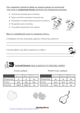 Ονοματεπώνυμο ..........................................................................................
Α Ρ Θ Ρ Ο
Οι λεξούλες που μπαίνουν μπροστά από τα ουσιαστικά λέγονται άρθρα.
π.χ. ο οδηγός, η αυλή, το παιδί [ενικός αριθμός]
οι οδηγοί, οι αυλές, τα παιδιά [ πληθυντικός αριθμός]
Τα άρθρα, όπως και τα ουσιαστικά, έχουν ενικό και πληθυντικό αριθμό και τρία γένη:
το αρσενικό [ ο, οι ], το θηλυκό [ η, οι ] και το ουδέτερο [ το, τα ].
Συμπληρώνω το κατάλληλο άρθρο στα παρακάτω ουσιαστικά
........ ποτήρια ........ αλεπού
........ λιοντάρι ........ λύκοι
........ μαθήτριες ........ κυνηγός
........ ψάρι ........ πέτρες
Βάζω τα παρακάτω ουσιαστικά στο κατάλληλο γένος
[ ο παπαγάλος, το σπουργίτι, η πιπεριά, τα φασολάκια, οι αγελάδες, οι πελαργοί,
η μελιτζάνα, ο τυφλοπόντικας, το καράβι, τα χόρτα, οι ποντικοί, οι παπαρούνες ]
ΑΡΣΕΝΙΚΟ ΘΗΛΥΚΟ ΟΥΔΕΤΕΡΟ
Π Τ Ω Σ Ε Ι Σ
Οι διάφορες μορφές που παίρνουν τα ουσιαστικά, όταν τα χρησιμοποιούμε στο
λόγο μας, λέγονται πτώσεις. Οι πτώσεις είναι τέσσερις :
Ο ν ο μ α σ τ ι κ ή , Γ ε ν ι κ ή , Α ι τ ι α τ ι κ ή κ α ι Κ λ η τ ι κ ή .
Για να βρούμε το ουσιαστικό που βρίσκεται σε Ο ν ο μ α σ τ ι κ ή πτώση, ρωτάμε
ποιος-ποια-ποιο για τον ενικό αριθμό και ποιοι-ποιες-ποια για τον πληθυντικό αριθμό.
π.χ. Ο μαθητής διαβάζει Ιστορία. [ποιος; ο μαθητής]
Οι μαθήτριες διαβάζουν Ιστορία. [ποιες; οι μαθήτριες]
ΜΜΜααανννόόόλλληηηςςς ΡΡΡάάάννντττοοοςςς
Επιμέλεια επανάληψης: Χρήστος Χαρμπής σελίδα 44
 
