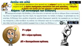 Ακούω και μιλώ
1.Ένα σύνολο προτάσεων είναι φυσικά και το κείμενο 1 αυτής της ενότητας. Στο
κείμενο αυτό, η πρώτη παράγραφος αποτελείται από επτά προτάσεις. • Mπορείτε
να βρείτε πού αρχίζει και πού τελειώνει η καθεμιά από αυτές;
Σελ. 12
Σελ. 10
Κείμενο 1 [Η συνεισφορά των Ελλήνων]
Ρ = ρήμα
ΚΠ = κύρια πρόταση
ΔΠ = δευτερεύουσα πρόταση
 
