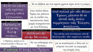 Αν … (Υπόθεση)
Κι αν βέβαια και στα πρώτα χρόνια είχαν αυτή τη γνώμη,
Γιατί θα συνέβαινε αυτό;
όταν πολλοί άλλοι
Τρώες και μάλιστα
και τα παιδιά του,
σκοτώνονταν όσες
φορές συγκρούονταν
με τους Έλληνες,
Αν … (Υπόθεση)
Τι θα συνέβαινε; (Απόδοση) Γιατί θα συνέβαινε αυτό;
ο Πρίαμος, ακόμη κι αν
συγκατοικούσε ο ίδιος με την
Ελένη,
θα την επέστρεφε στο
Μενέλαο,
για να απαλλαγούν ο ίδιος και οι
υπήκοοί του από τις συμφορές
της εποχής τους.2η ενότητα: Η άποψη του Πριάμου
 