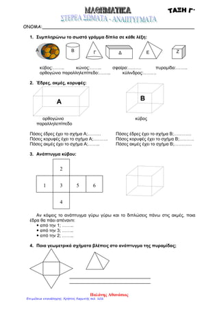 ΟΝΟΜΑ:_______________________________________________________
1. Συμπληρώνω το σωστό γράμμα δίπλα σε κάθε λέξη:
Γ Ε
κύβος:…….. κώνος:…….. σφαίρα:……… πυραμίδα:……..
ορθογώνιο παραλληλεπίπεδο:…….. κύλινδρος:………
2. Έδρες, ακμές, κορυφές:
ορθογώνιο κύβος
παραλληλεπίπεδο
Πόσες έδρες έχει το σχήμα Α;……… Πόσες έδρες έχει το σχήμα Β;…………
Πόσες κορυφές έχει το σχήμα Α;………. Πόσες κορυφές έχει το σχήμα Β;……….
Πόσες ακμές έχει το σχήμα Α;…….. Πόσες ακμές έχει το σχήμα Β;…………
3. Ανάπτυγμα κύβου:
Αν κόψεις το ανάπτυγμα γύρω γύρω και το διπλώσεις πάνω στις ακμές, ποια
έδρα θα πάει απέναντι:
 από την 1; ……..
 από την 3; ……..
 από την 2; ……..
4. Ποια γεωμετρικά σχήματα βλέπεις στο ανάπτυγμα της πυραμίδας;
_________________________________
_________________________________
Α Β
Δ Ζ
Α
Β
1 3
2
5
4
6
Παλάνης Αθανάσιος
Επιμέλεια επανάληψης: Χρήστος Χαρμπής σελ. 102
 