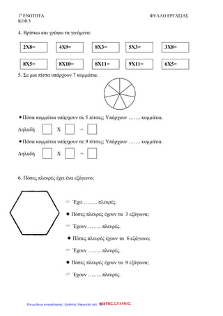 1η
ΕΝΟΤΗΤΑ ΦΥΛΛΟ ΕΡΓΑΣΙΑΣ
ΚΕΦ.5
4. Βρίσκω και γράφω τα γινόμενα:
5. Σε μια πίτσα υπάρχουν 7 κομμάτια.
Πόσα κομμάτια υπάρχουν σε 5 πίτσες; Υπάρχουν ……. κομμάτια.
Δηλαδή Χ =
Πόσα κομμάτια υπάρχουν σε 9 πίτσες; Υπάρχουν ……. κομμάτια.
Δηλαδή Χ =
6. Πόσες πλευρές έχει ένα εξάγωνο;
 Έχει …….. πλευρές.
 Πόσες πλευρές έχουν τα 3 εξάγωνα;
 Έχουν …….. πλευρές.
 Πόσες πλευρές έχουν τα 6 εξάγωνα;
 Έχουν …….. πλευρές.
 Πόσες πλευρές έχουν τα 9 εξάγωνα;
 Έχουν …….. πλευρές.
2Χ8= 4Χ9= 8Χ3= 5Χ3=
8Χ5= 8Χ10= 8Χ11= 9Χ11=
3Χ8=
6Χ5=
ΦΩΤΗΣ ΣΤΑΜΟΣΕπιμέλεια επανάληψης: Χρήστος Χαρμπής σελ. 107
 