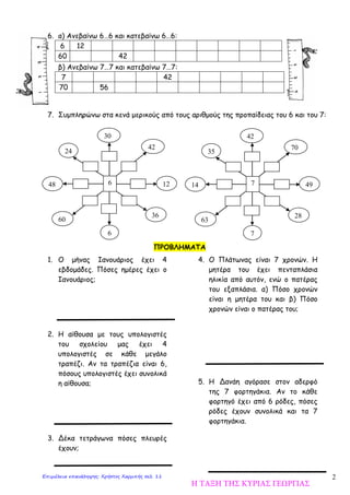 2
6. α) Ανεβαίνω 6…6 και κατεβαίνω 6…6:
6 12
60 42
β) Ανεβαίνω 7…7 και κατεβαίνω 7…7:
7 42
70 56
7. Συμπληρώνω στα κενά μερικούς από τους αριθμούς της προπαίδειας του 6 και του 7:
1. O μήνας Ιανουάριος έχει 4
εβδομάδες. Πόσες ημέρες έχει ο
Ιανουάριος;
2. Η αίθουσα με τους υπολογιστές
του σχολείου μας έχει 4
υπολογιστές σε κάθε μεγάλο
τραπέζι. Αν τα τραπέζια είναι 6,
πόσους υπολογιστές έχει συνολικά
η αίθουσα;
3. Δέκα τετράγωνα πόσες πλευρές
έχουν;
4. Ο Πλάτωνας είναι 7 χρονών. Η
μητέρα του έχει πενταπλάσια
ηλικία από αυτόν, ενώ ο πατέρας
του εξαπλάσια. α) Πόσο χρονών
είναι η μητέρα του και β) Πόσο
χρονών είναι ο πατέρας του;
5. Η Δανάη αγόρασε στον αδερφό
της 7 φορτηγάκια. Αν το κάθε
φορτηγό έχει από 6 ρόδες, πόσες
ρόδες έχουν συνολικά και τα 7
φορτηγάκια.
648
24
30
42
12
36
6
60
714
35
42
70
49
28
7
63
ΠΡΟΒΛΗΜΑΤΑ
Η ΤΑΞΗ ΤΗΣ ΚΥΡΙΑΣ ΓΕΩΡΓΙΑΣ
Επιμέλεια επανάληψης: Χρήστος Χαρμπής σελ. 11
 