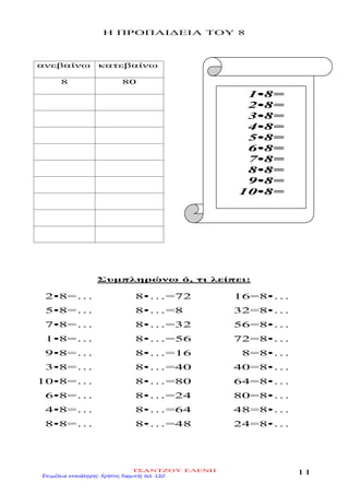 Η ΠΡΟΠΑΙΔΕΙΑ ΤΟΥ 8
ανεβαίνω κατεβαίνω
8 80
Συμπληρώνω ό, τι λείπει:
2•8=…
5•8=…
7•8=…
1•8=…
9•8=…
3•8=…
10•8=…
6•8=…
4•8=…
8•8=…
8•…=72
8•…=8
8•…=32
8•…=56
8•…=16
8•…=40
8•…=80
8•…=24
8•…=64
8•…=48
16=8•…
32=8•…
56=8•…
72=8•…
8=8•…
40=8•…
64=8•…
80=8•…
48=8•…
24=8•…
1•8=
2•8=
3•8=
4•8=
5•8=
6•8=
7•8=
8•8=
9•8=
10•8=
ΤΣΑΝΤΖΟΥ ΕΛΕΝΗ
11Επιμέλεια επανάληψης: Χρήστος Χαρμπής σελ. 120
 