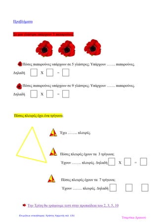 Προβλήματα
Σε μια γλάστρα υπάρχουν 3 παπαρούνες.
Πόσες παπαρούνες υπάρχουν σε 5 γλάστρες; Υπάρχουν ……. παπαρούνες.
Δηλαδή Χ =
Πόσες παπαρούνες υπάρχουν σε 9 γλάστρες; Υπάρχουν ……. παπαρούνες.
Δηλαδή Χ =
Πόσες πλευρές έχει ένα τρίγωνο;
Έχει …….. πλευρές.
Πόσες πλευρές έχουν τα 3 τρίγωνα;
Έχουν …….. πλευρές. Δηλαδή Χ =
Πόσες πλευρές έχουν τα 7 τρίγωνα;
Έχουν …….. πλευρές. Δηλαδή
Την Τρίτη θα γράψουμε τεστ στην προπαίδεια του 2, 3, 5, 10
Τσαμπίκα Δρακιού
Επιμέλεια επανάληψης: Χρήστος Χαρμπής σελ. 131
 