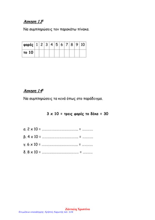 Άσκηση 1 3η
Να συμπληρώσεις τον παρακάτω πίνακα.
φορές 1 2 3 4 5 6 7 8 9 10
το 10
Άσκηση 1 4η
Να συμπληρώσεις τα κενά όπως στο παράδειγμα.
3 x 10 = τρεις φορές το δέκα = 30
α. 2 x 10 = …………………………………….. = ………….
β. 4 x 10 = …………………………………….. = ………….
γ. 6 x 10 = …………………………………….. = ………….
δ. 8 x 10 = ……………………………………… = …………
Ζάνταλη Χριστίνα
Επιμέλεια επανάληψης: Χρήστος Χαρμπής σελ. 158
 
