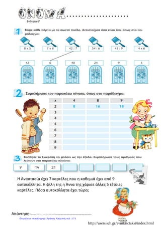 Ενότητα 6α
Η Αναστασία έχει 7 καρτέλες που η καθεμιά έχει από 9
αυτοκόλλητα. Η φίλη της η Άννα της χάρισε άλλες 5 τέτοιες
καρτέλες. Πόσα αυτοκόλλητα έχει τώρα;
Απάντηση:…………………………………………………….
http://users.sch.gr/evniki/ctaksi/index.html
Επιμέλεια επανάληψης: Χρήστος Χαρμπής σελ. 171
 