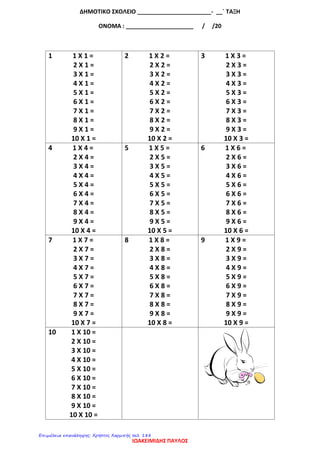 ΔΗΜΟΤΙΚΟ ΣΧΟΛΕΙΟ _______________________- __` ΤΑΞΗ
ΟΝΟΜΑ : _____________________ / /20
1 1 Χ 1 =
2 Χ 1 =
3 Χ 1 =
4 Χ 1 =
5 Χ 1 =
6 Χ 1 =
7 Χ 1 =
8 Χ 1 =
9 Χ 1 =
10 Χ 1 =
2 1 Χ 2 =
2 Χ 2 =
3 Χ 2 =
4 Χ 2 =
5 Χ 2 =
6 Χ 2 =
7 Χ 2 =
8 Χ 2 =
9 Χ 2 =
10 Χ 2 =
3 1 Χ 3 =
2 Χ 3 =
3 Χ 3 =
4 Χ 3 =
5 Χ 3 =
6 Χ 3 =
7 Χ 3 =
8 Χ 3 =
9 Χ 3 =
10 Χ 3 =
4 1 Χ 4 =
2 Χ 4 =
3 Χ 4 =
4 Χ 4 =
5 Χ 4 =
6 Χ 4 =
7 Χ 4 =
8 Χ 4 =
9 Χ 4 =
10 Χ 4 =
5 1 Χ 5 =
2 Χ 5 =
3 Χ 5 =
4 Χ 5 =
5 Χ 5 =
6 Χ 5 =
7 Χ 5 =
8 Χ 5 =
9 Χ 5 =
10 Χ 5 =
6 1 Χ 6 =
2 Χ 6 =
3 Χ 6 =
4 Χ 6 =
5 Χ 6 =
6 Χ 6 =
7 Χ 6 =
8 Χ 6 =
9 Χ 6 =
10 Χ 6 =
7 1 Χ 7 =
2 Χ 7 =
3 Χ 7 =
4 Χ 7 =
5 Χ 7 =
6 Χ 7 =
7 Χ 7 =
8 Χ 7 =
9 Χ 7 =
10 Χ 7 =
8 1 Χ 8 =
2 Χ 8 =
3 Χ 8 =
4 Χ 8 =
5 Χ 8 =
6 Χ 8 =
7 Χ 8 =
8 Χ 8 =
9 Χ 8 =
10 Χ 8 =
9 1 Χ 9 =
2 Χ 9 =
3 Χ 9 =
4 Χ 9 =
5 Χ 9 =
6 Χ 9 =
7 Χ 9 =
8 Χ 9 =
9 Χ 9 =
10 Χ 9 =
10 1 Χ 10 =
2 Χ 10 =
3 Χ 10 =
4 Χ 10 =
5 Χ 10 =
6 Χ 10 =
7 Χ 10 =
8 Χ 10 =
9 Χ 10 =
10 Χ 10 =
ΙΩΑΚΕΙΜΙΔΗΣ ΠΑΥΛΟΣ
Επιμέλεια επανάληψης: Χρήστος Χαρμπής σελ. 188
 