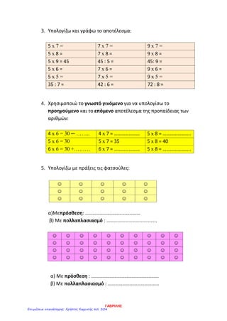 3. Υπολογίζω και γράφω το αποτέλεσμα:
5 x 7 = 7 x 7 = 9 x 7 =
5 x 8 = 7 x 8 = 9 x 8 =
5 x 9 = 45 45 : 5 = 45: 9 =
5 x 6 = 7 x 6 = 9 x 6 =
5 x 5 = 7 x 5 = 9 x 5 =
35 : 7 = 42 : 6 = 72 : 8 =
4. Χρησιμοποιώ το γνωστό γινόμενο για να υπολογίσω το
προηγούμενο και το επόμενο αποτέλεσμα της προπαίδειας των
αριθμών:
4 x 6 = 30 ─ …….. 4 x 7 = ………………… 5 x 8 = …………………..
5 x 6 = 30 5 x 7 = 35 5 x 8 = 40
6 x 6 = 30 +……… 6 x 7 = ………………… 5 x 8 = …………………..
5. Υπολογίζω με πράξεις τις φατσούλες:
α)Μεπρόσθεση: ………………………………………
β) Με πολλαπλασιασμό : …………………………………..
☺ ☺ ☺ ☺ ☺ ☺ ☺ ☺ ☺ ☺
☺ ☺ ☺ ☺ ☺ ☺ ☺ ☺ ☺ ☺
☺ ☺ ☺ ☺ ☺ ☺ ☺ ☺ ☺ ☺
☺ ☺ ☺ ☺ ☺ ☺ ☺ ☺ ☺ ☺
α) Με πρόσθεση : ……………………………………………….
β) Με πολλαπλασιασμό : ……………………………………
☺ ☺ ☺ ☺ ☺
☺ ☺ ☺ ☺ ☺
☺ ☺ ☺ ☺ ☺
ΓΑΒΡΙΛΗΣ
Επιμέλεια επανάληψης: Χρήστος Χαρμπής σελ. 204
 