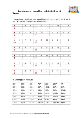 Επανάληψη στην προπαίδεια του 2,3,4,5,6,7 και 10
Όνομα:__________________________________________
1.Μια γρήγορη επανάληψη στην προπαίδεια του 2, του 3, του 4, του 5, του 6,
του 7 και του 10. Σκέφτομαι και συμπληρώνω:
Χ 3 6 9 4 5 2 1 10 7 8
5 20
Χ 4 7 6 5 10 3 2 9 8 1
2 10
Χ 3 7 5 6 9 10 4 8 1 2
10 60
Χ 5 7 4 6 9 8 3 10 1 2
3 18
Χ 5 7 3 8 4 10 6 9 2 1
4 32
Χ 3 6 9 4 5 2 1 10 7 8
6 24
Χ 4 8 9 5 7 6 3 4 1 2
7 35
2. Συμπλήρωσε τα κενά:
3Χ7= 3Χ4= 3Χ5= 7Χ7= 2Χ7= 10Χ7= Χ7=
6Χ7= 6Χ4= 6Χ5= 8Χ7= 10Χ2= 6Χ7= 6Χ7=
5Χ7= 5Χ3= 5Χ7= 5Χ5= 5Χ7= 5Χ7= 10Χ3=
9Χ7= 9Χ3= 9Χ2 9Χ6= 4Χ9= 11Χ5= 9Χ1=
5Χ6= 5Χ2= 3Χ2= 2Χ5= 5Χ5= 10Χ2= 5Χ4=
4Χ6= 3Χ6= 2Χ6= 4Χ5= 4Χ6= 4Χ6= 8Χ3=
7Χ6= 8Χ6= 2Χ7= 10Χ6= 2Χ6= 10Χ10= 8Χ4=
Eκμεκτζόγλου ΜαριάνθηΕπιμέλεια επανάληψης: Χρήστος Χαρμπής σελ. 248
 