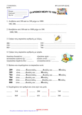 1η
ΕΝΟΤΗΤΑ ΦΥΛΛΟ ΕΡΓΑΣΙΑΣ
ΚΕΦ.1
1. Ανεβαίνω ανά 100 από το 100 μέχρι το 1000:
100, 200, ……………………………………………………………………
2. Κατεβαίνω ανά 100 από το 1000 μέχρι το 100:
1000, 900, …………………………………………………………………
3. Γράφω τους παρακάτω αριθμούς με λέξεις.
406 : ........................................................ 559 : ...............................................................
539 : ........................................................ 390 : ...............................................................
803 : ........................................................ 766 : ...............................................................
4. Γράφω τους παρακάτω αριθμούς με ψηφία.
διακόσια δεκαπέντε : .............. εξακόσια οχτώ : ............
πεντακόσια τριάντα έξι : ............ εκατόν εννιά : ..............
τετρακόσια σαράντα δύο : ............. εννιακόσια πέντε : ..............
5. Βρίσκω και συμπληρώνω τα παρακάτω κενά.
289 είναι .......... Εκατοντάδες, .......... Δεκάδες και ........... Μονάδες
289 είναι.......... Δεκάδες και .......... Μονάδες
704 είναι .......... Εκατοντάδες, .......... Δεκάδες και ........... Μονάδες
704 είναι .......... Δεκάδες και .......... Μονάδες
800 είναι .......... Εκατοντάδες, .......... Δεκάδες και ........... Μονάδες
800 είναι .......... Δεκάδες και .......... Μονάδες
6. Συμπληρώνω τον αριθμό που είναι πριν και μετά.
........... 310 ........... ............ 200 .......... ........... 749 .............
........... 869 ........... ............ 651 .......... ........... 340 .............
Όνομα_________________
Επώνυμο_______________
Hμ/νία __________
ΦΩΤΗΣ ΣΤΑΜΟΣ
Επιμέλεια επανάληψης: Χρήστος Χαρμπής σελ. 34
 
