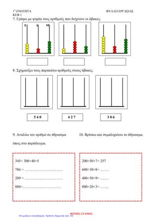1η
ΕΝΟΤΗΤΑ ΦΥΛΛΟ ΕΡΓΑΣΙΑΣ
ΚΕΦ.1
7. Γράφω με ψηφία τους αριθμούς που δείχνουν οι άβακες.
8. Σχηματίζω τους παρακάτω αριθμούς στους άβακες.
9. Αναλύω τον αριθμό σε άθροισμα 10. Βρίσκω και συμπληρώνω το άθροισμα.
όπως στο παράδειγμα.
Ε Δ Μ
5 4 0 4 2 7 3 0 6
345= 300+40+5
786 = ………………………….
209 = ………………………….
888=………………………….
200+50+7= 257
600+30+8= …….
400+50+9= …….
800+20+3= …….
ΦΩΤΗΣ ΣΤΑΜΟΣ
Επιμέλεια επανάληψης: Χρήστος Χαρμπής σελ. 35
 