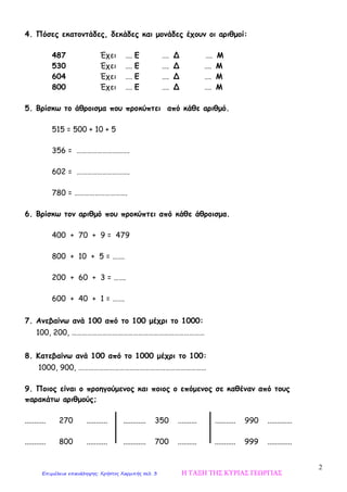 2
4. Πόσες εκατοντάδες, δεκάδες και μονάδες έχουν οι αριθμοί:
487 Έχει …. Ε …. Δ …. Μ
530 Έχει …. Ε …. Δ …. Μ
604 Έχει …. Ε …. Δ …. Μ
800 Έχει …. Ε …. Δ …. Μ
5. Βρίσκω το άθροισμα που προκύπτει από κάθε αριθμό.
515 = 500 + 10 + 5
356 = ………………………….
602 = ………………………….
780 = ………………………….
6. Βρίσκω τον αριθμό που προκύπτει από κάθε άθροισμα.
400 + 70 + 9 = 479
800 + 10 + 5 = …….
200 + 60 + 3 = …….
600 + 40 + 1 = …….
7. Ανεβαίνω ανά 100 από το 100 μέχρι το 1000:
100, 200, ……………………………………………………………………
8. Κατεβαίνω ανά 100 από το 1000 μέχρι το 100:
1000, 900, …………………………………………………………………
9. Ποιος είναι ο προηγούμενος και ποιος ο επόμενος σε καθέναν από τους
παρακάτω αριθμούς;
........... 270 ........... ............ 350 .......... ........... 990 .............
........... 800 ........... ............ 700 .......... ........... 999 .............
Η ΤΑΞΗ ΤΗΣ ΚΥΡΙΑΣ ΓΕΩΡΓΙΑΣΕπιμέλεια επανάληψης: Χρήστος Χαρμπής σελ. 3
 