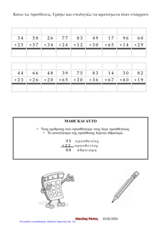 Κάνω τις προσθέσεις. Γράφω και υπολογίζω τα κρατούμενα όταν υπάρχουν
3 4 5 8 2 6 7 7 8 3 4 9 1 7 9 6 6 0
+ 2 5 + 3 7 + 3 4 + 2 4 + 1 2 + 3 0 + 6 5 + 1 4 + 2 9
4 4 6 6 4 8 3 9 7 5 8 3 1 4 3 0 8 2
+ 2 3 + 2 6 + 2 0 + 6 5 + 2 0 + 3 6 + 6 7 + 6 0 + 1 9
ΜΑΘΕ ΚΑΙ ΑΥΤΟ
 Τους αριθμούς που προσθέτουμε τους λέμε προσθετέους.
 Το αποτέλεσμα της πρόσθεσης λέγεται άθροισμα.
4 5 π ρ ο σ θ ε τ έ ο ς
+ 2 3 π ρ ο σ θ ε τ έ ο ς
6 8 ά θ ρ ο ι σ μ α
ΜΜΜααανννόόόλλληηηςςς ΡΡΡάάάννντττοοοςςς 111999---000999---222000000888
Επιμέλεια επανάληψης: Χρήστος Χαρμπής σελ. 82
 