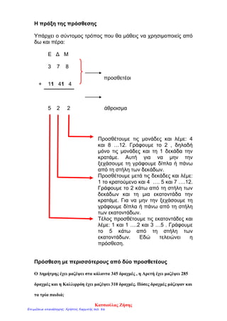 Η πράξη της πρόσθεσης
Υπάρχει ο σύντομος τρόπος που θα μάθεις να χρησιμοποιείς από
δω και πέρα:
Ε Δ Μ
3 7 8
προσθετέοι
+ 11 41 4
5 2 2 άθροισμα
Προσθέτουμε τις μονάδες και λέμε: 4
και 8 …12. Γράφουμε το 2 , δηλαδή
μόνο τις μονάδες και τη 1 δεκάδα την
κρατάμε. Αυτή για να μην την
ξεχάσουμε τη γράφουμε δίπλα ή πάνω
από τη στήλη των δεκάδων.
Προσθέτουμε μετά τις δεκάδες και λέμε:
1 το κρατούμενο και 4 …. 5 και 7 ….12.
Γράφουμε το 2 κάτω από τη στήλη των
δεκάδων και τη μια εκατοντάδα την
κρατάμε. Για να μην την ξεχάσουμε τη
γράφουμε δίπλα ή πάνω από τη στήλη
των εκατοντάδων.
Τέλος προσθέτουμε τις εκατοντάδες και
λέμε: 1 και 1 ….2 και 3 …5 . Γράφουμε
το 5 κάτω από τη στήλη των
εκατοντάδων. Εδώ τελειώνει η
πρόσθεση.
Πρόσθεση με περισσότερους από δύο προσθετέους
Ο Δημήτρης έχει μαζέψει στα κάλαντα 345 δραχμές , η Αρετή έχει μαζέψει 285
δραχμές και η Καλλιρρόη έχει μαζέψει 310 δραχμές. Πόσες δραχμές μάζεψαν και
τα τρία παιδιά;
Κατσιούλας Ζήσης
Επιμέλεια επανάληψης: Χρήστος Χαρμπής σελ. 86
 