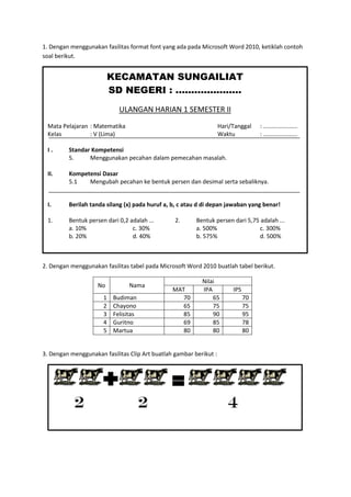 1. Dengan menggunakan fasilitas format font yang ada pada Microsoft Word 2010, ketiklah contoh
soal berikut.
2. Dengan menggunakan fasilitas tabel pada Microsoft Word 2010 buatlah tabel berikut.
No Nama
Nilai
MAT IPA IPS
1 Budiman 70 65 70
2 Chayono 65 75 75
3 Felisitas 85 90 95
4 Guritno 69 85 78
5 Martua 80 80 80
3. Dengan menggunakan fasilitas Clip Art buatlah gambar berikut :
2 2 4
KECAMATAN SUNGAILIAT
SD NEGERI : .....................
ULANGAN HARIAN 1 SEMESTER II
Mata Pelajaran : Matematika Hari/Tanggal : .....................
Kelas : V (Lima) Waktu : .....................
I . Standar Kompetensi
5. Menggunakan pecahan dalam pemecahan masalah.
II. Kompetensi Dasar
5.1 Mengubah pecahan ke bentuk persen dan desimal serta sebaliknya.
I. Berilah tanda silang (x) pada huruf a, b, c atau d di depan jawaban yang benar!
1. Bentuk persen dari 0,2 adalah ... 2. Bentuk persen dari 5,75 adalah ...
a. 10% c. 30% a. 500% c. 300%
b. 20% d. 40% b. 575% d. 500%