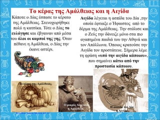 Κάποτε ο Δίας έσπασε το κέρατο
της Αμάλθειας. Στενοχωρήθηκε
πολύ η κατσίκα. Τότε ο Δίας το
ευλόγησε και έβγαιναν από μέσα
του όλοι οι καρποί της γης. Όταν
πέθανε η Αμάλθεια, ο Δίας την
έκανε αστέρι.
Το κέρας της Αμάλθειας και η Αιγίδα
Το κέρας της Αμάλθειας.
Ο μικρός Δίας και
η Αμάλθεια.
Αιγίδα λέγεται η ασπίδα του Δία ,την
οποία έφτιαξε ο Ήφαιστος από το
δέρμα της Αμάλθειας. Την στόλισε και
ο Ζεύς την δάνειζε μόνο στα πιο
αγαπημένα παιδιά του την Αθηνά και
τον Απόλλωνα. Όποιος κρατούσε την
Αιγίδα τον προστάτευε. Σήμερα λέμε
τη φράση «υπό την αιγίδα κάποιου»,
που σημαίνει κάτω από την
προστασία κάποιου.
Η ασπίδα του Δία
η Αιγίδα.
Επιμέλεια: Χρήστος Χαρμπής σελ. 11
 