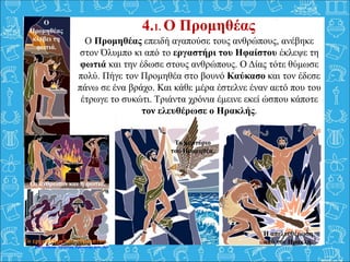 Η απελευθέρωση
από τον Ηρακλή.
4.1. Ο Προμηθέας
Ο Προμηθέας επειδή αγαπούσε τους ανθρώπους, ανέβηκε
στον Όλυμπο κι από το εργαστήρι του Ηφαίστου έκλεψε τη
φωτιά και την έδωσε στους ανθρώπους. Ο Δίας τότε θύμωσε
πολύ. Πήγε τον Προμηθέα στο βουνό Καύκασο και τον έδεσε
πάνω σε ένα βράχο. Και κάθε μέρα έστελνε έναν αετό που του
έτρωγε το συκώτι. Τριάντα χρόνια έμεινε εκεί ώσπου κάποτε
τον ελευθέρωσε ο Ηρακλής.
Το εργαστήρι του Ήφαιστου.
Το μαρτύριο
του Προμηθέα.
Ο
Προμηθέας
κλέβει τη
φωτιά.
Οι άνθρωποι και η φωτιά.
Επιμέλεια: Χρήστος Χαρμπής σελ. 30
 