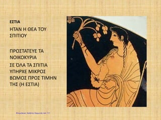 ΕΣΤΙΑ
ΗΤΑΝ Η ΘΕΑ ΤΟΥ
ΣΠΙΤΙΟΥ
ΠΡΟΣΤΑΤΕΥΕ ΤΑ
ΝΟΙΚΟΚΥΡΙΑ
ΣΕ ΌΛΑ ΤΑ ΣΠΙΤΙΑ
ΥΠΗΡΧΕ ΜΙΚΡΟΣ
ΒΩΜΟΣ ΠΡΟΣ ΤΙΜΗΝ
ΤΗΣ (Η ΕΣΤΙΑ)
Επιμέλεια: Χρήστος Χαρμπής σελ. 97
 