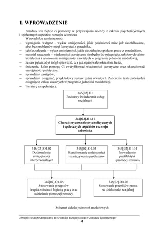 „Projekt współfinansowany ze środków Europejskiego Funduszu Społecznego”
4
1. WPROWADZENIE
Poradnik ten będzie ci pomocny w przyswajaniu wiedzy z zakresu psychofizycznych
i społecznych aspektów rozwoju człowieka
W poradniku zamieszczono:
− wymagania wstępne – wykaz umiejętności, jakie powinieneś mieć juŜ ukształtowane,
abyś bez problemów mógł korzystać z poradnika,
− cele kształcenia – wykaz umiejętności, jakie ukształtujesz podczas pracy z poradnikiem,
− materiał nauczania – wiadomości teoretyczne niezbędne do osiągnięcia załoŜonych celów
kształcenia i opanowania umiejętności zawartych w programie jednostki modułowej,
− zestaw pytań, abyś mógł sprawdzić, czy juŜ opanowałeś określone treści,
− ćwiczenia, które pomogą Ci zweryfikować wiadomości teoretyczne oraz ukształtować
umiejętności praktyczne,
− sprawdzian postępów,
− sprawdzian osiągnięć, przykładowy zestaw pytań otwartych. Zaliczenie testu potwierdzi
osiągnięcie celów zawartych w programie jednostki modułowej,
− literaturę uzupełniającą.
Schemat układu jednostek modułowych
346[02].O1
Podstawy świadczenia usług
socjalnych
346[02].O1.01
Charakteryzowanie psychofizycznych
i społecznych aspektów rozwoju
człowieka
346[02].O1.02
Doskonalenie
umiejętności
interpersonalnych
346[02].O1.03
Kształtowanie umiejętności
rozwiązywania problemów
346[02].O1.05
Stosowanie przepisów
bezpieczeństwa i higieny pracy oraz
udzielanie pierwszej pomocy
346[02].O1.04
Prowadzenie
profilaktyki
i promocji zdrowia
346[02].O1.06
Stosowanie przepisów prawa
w działalności socjalnej
 
