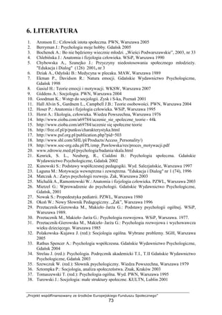 „Projekt współfinansowany ze środków Europejskiego Funduszu Społecznego”
73
6. LITERATURA
1. Aronson E.: Człowiek istota społeczna. PWN, Warszawa 2005
2. Berryman J.: Psychologia moje hobby. Gdańsk 2005
3. Bochenek A.: Bo nie będziemy wiecznie młodzi. „Wieści Podwarszawskie”, 2003, nr 33
4. Chlebińska J.: Anatomia i fizjologia człowieka. WSiP, Warszawa 1990
5. Chybowska A., Szanejko J.: Przyczyny niedostosowania społecznego młodzieŜy.
"Edukacja i Dialog" (126) 2001, nr 3
6. Dziak A., Odyński B.: Medycyna w plecaku. MAW, Warszawa 1989
7. Ekman P., Davidson R.: Natura emocji. Gdańskie Wydawnictwo Psychologiczne,
Gdańsk 1998
8. Gasiul H.: Teorie emocji i motywacji. WKSW, Warszawa 2007
9. Giddens A.: Socjologia. PWN, Warszawa 2004
10. Goodman K.: Wstęp do socjologii. Zysk i S-ka, Poznań 2001
11. Hall Alvin S., Gardnem L., Campbell J.B.: Teorie osobowości. PWN, Warszawa 2004
12. Hoser P.: Anatomia i fizjologia człowieka. WSiP, Warszawa 1995
13. Horst A.: Ekologia, człowieka. Wiedza Powszechna, Warszawa 1976
14. http://www.eioba.com/a69784/uczenie_sie_spoleczne_teorie - 44k
15. http://www.eioba.com/a69784/uczenie się społeczne teorie
16. http://free.of.pl/p/punkss/charakterystyka.html
17. http://www.psf.org.pl/publication.php?pid=503
18. http://www.shl.com/SHL/pl/Products/Access_Personality/)
19. http://www.soc-org.edu.pl/PL/emp_Pawlowska/res/proces_motywacji.pdf
20. www.zdrowie.med.pl/psychologia/badania/skala.html
21. Kenrick, S. L., Neuberg, R., Cialdini B.: Psychologia społeczna. Gdańskie
Wydawnictwo Psychologiczne, Gdańsk 2002
22. Kunowski S.: Podstawy współczesnej pedagogiki. Wyd. Salezjańskie, Warszawa 1997
23. Laguna M.: Motywacja wewnętrzna i zewnętrzna. "Edukacja i Dialog" nr 1 (74), 1996
24. Matczak A.: Zarys psychologii rozwoju. śak, Warszawa 2003
25. Michalik A., Ramontowski W.: Anatomia i fizjologia człowieka. PZWL, Warszawa 2003
26. Mietzel G.: Wprowadzenie do psychologii. Gdańskie Wydawnictwo Psychologiczne,
Gdańsk, 2001
27. Nowak S.: Propedeutyka pediatrii. PZWL, Warszawa 1980
28. Okoń W.: Nowy Słownik Pedagogiczny. „śak”, Warszawa 1996
29. Przetacznik-Gierowska M., Makieło–JarŜa G.: Podstawy psychologii ogólnej. WSiP,
Warszawa 1989.
30. Przetacznik M., Makieło–JarŜa G.: Psychologia rozwojowa. WSiP, Warszawa. 1977.
31. Przetacznik-Gierowska M., Makieło–JarŜa G.: Psychologia rozwojowa i wychowawcza
wieku dziecięcego. Warszawa 1985
32. Polakowska–Kujawa J. (red.): Socjologia ogólna. Wybrane problemy. SGH, Warszawa
2005
33. Rathus Spencer A.: Psychologia współczesna. Gdańskie Wydawnictwo Psychologiczne,
Gdańsk 2004
34. Strelau J. (red.): Psychologia. Podręcznik akademicki T.I., T.II Gdańskie Wydawnictwo
Psychologiczne, Gdańsk 2003
35. Szewczuk W. (red.): Słownik psychologiczny. Wiedza Powszechna, Warszawa 1979
36. Sztompka P.: Socjologia, analiza społeczeństwa. Znak, Kraków 2003
37. Tomaszewski T. (red.): Psychologia ogólna. Wyd. PWN, Warszawa 1995
38. Turowski J.: Socjologia: małe struktury społeczne. KULTN, Lublin 2001
 