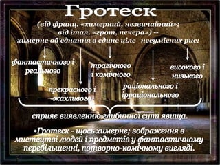 (від франц. «химерний, незвичайний»;
від італ. «грот, печера») --
химерне об'єднання в єдине ціле несумісних рис:
 