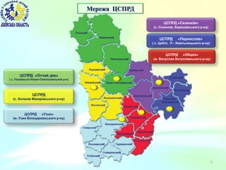 5
Мережа ЦСПРД
ЦСПРД
(с. Копилів Макарівського р-ну)
ЦСПРД «Отчий дім»
( с. Петрівське Києво-Святошинський р-н)
ЦСПРД «Сезенків»
(с. Сезенків, Баришівського р-ну)
ЦСПРД «Узин»
(м. Узин Білоцерківського р-ну)
ЦСПРД «Переяслав»
( с. Циблі, П - Хмельницького р-ну)
ЦСПРД «Оберіг»
(м. Богуслав Богуславського р-ну)
 