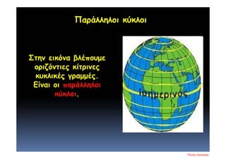 Παράλληλοι κύκλοι
Στην εικόνα βλέπουμε
οριζόντιες κίτρινες
κυκλικές γραμμές.
Είναι οι παράλληλοι
κύκλοι.
Πέτρος Σαμούχος
Επιμέλεια επανάληψης: Χρήστος Χαρμπής σελ. 18
 