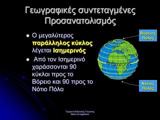 Τμήματα Ελληνικής Γλώσσας
Mainz & Ingelheim
Γεωγραφικές συντεταγμένες
Προσανατολισμός
 Ο μεγαλύτερος
παράλληλος κύκλος
λέγεται Ισημερινός
 Από τον Ισημερινό
χαράσσονται 90
κύκλοι προς το
Βόρειο και 90 προς το
Νότιο Πόλο
Βόρειος
Πόλος
Νότιος
Πόλος
Επιμέλεια επανάληψης: Χρήστος Χαρμπής σελ. 24
 