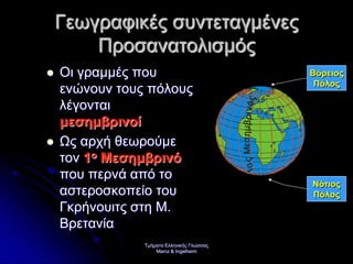 Τμήματα Ελληνικής Γλώσσας
Mainz & Ingelheim
Γεωγραφικές συντεταγμένες
Προσανατολισμός
 Οι γραμμές που
ενώνουν τους πόλους
λέγονται
μεσημβρινοί
 Ως αρχή θεωρούμε
τον 1ο Μεσημβρινό
που περνά από το
αστεροσκοπείο του
Γκρήνουιτς στη Μ.
Βρετανία
Βόρειος
Πόλος
Νότιος
Πόλος
1οςΜεσημβρινός
Επιμέλεια επανάληψης: Χρήστος Χαρμπής σελ. 26
 