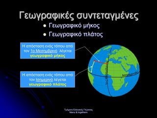 Τμήματα Ελληνικής Γλώσσας
Mainz & Ingelheim
Γεωγραφικές συντεταγμένες
 Γεωγραφικό μήκος
 Γεωγραφικό πλάτος
1οςΜεσημβρινός
Η απόσταση ενός τόπου από
τον Ισημερινό λέγεται
γεωγραφικό πλάτος
Η απόσταση ενός τόπου από
τον 1ο Μεσημβρινό λέγεται
γεωγραφικό μήκος
Επιμέλεια επανάληψης: Χρήστος Χαρμπής σελ. 28
 