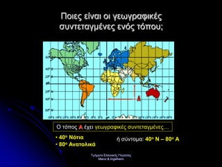 Τμήματα Ελληνικής Γλώσσας
Mainz & Ingelheim
Ποιες είναι οι γεωγραφικές
συντεταγμένες ενός τόπου;
Ο τόπος Α έχει γεωγραφικές συντεταγμένες…
• 40ο Νότια
• 80ο Ανατολικά
ή σύντομα: 40ο Ν – 80ο Α
Επιμέλεια επανάληψης: Χρήστος Χαρμπής σελ. 29
 