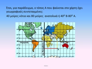 Έτσι, για παράδειγμα, ο τόπος Α που φαίνεται στο χάρτη έχει
γεωγραφικές συντεταγμένες:
40 μοίρες νότια και 80 μοίρες ανατολικά ή 40Ο Β-80Ο Α.
43dim
Επιμέλεια επανάληψης: Χρήστος Χαρμπής σελ. 40
 