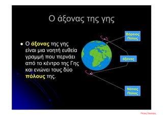 Ο άξονας της γης
 Ο άξονας της γης
είναι μια νοητή ευθεία
γραμμή που περνάει
από το κέντρο της Γης
και ενώνει τους δύο
πόλους της.
Βόρειος
Πόλος
Νότιος
Πόλος
άξονας
Πέτρος ΣαμούχοςΕπιμέλεια επανάληψης: Χρήστος Χαρμπής σελ. 4
 