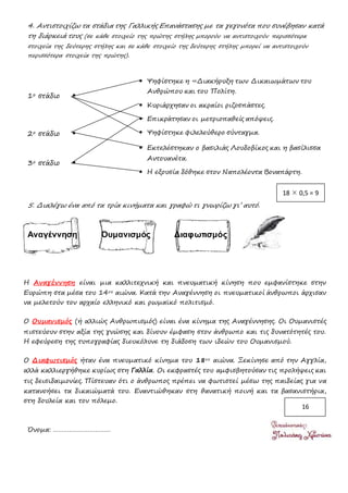 4. Αντιστοιχίζω τα στάδια της Γαλλικής Επανάστασης με τα γεγονότα που συνέβησαν κατά
τη διάρκειά τους (σε κάθε στοιχείο της πρώτης στήλης μπορούν να αντιστοιχούν περισσότερα
στοιχεία της δεύτερης στήλης και σε κάθε στοιχείο της δεύτερης στήλης μπορεί να αντιστοιχούν
περισσότερα στοιχεία της πρώτης).
1ο στάδιο 
 Ψηφίστηκε η «Διακήρυξη των Δικαιωμάτων του
Ανθρώπου και του Πολίτη.
 Κυριάρχησαν οι ακραίοι ριζοσπάστες.
2ο στάδιο 
 Επικράτησαν οι μετριοπαθείς απόψεις.
 Ψηφίστηκε φιλελεύθερο σύνταγμα.
3ο στάδιο 
 Εκτελέστηκαν ο βασιλιάς Λουδοβίκος και η βασίλισσα
Αντουανέτα.
 Η εξουσία δόθηκε στον Ναπολέοντα Βοναπάρτη.
5. Διαλέγω ένα από τα τρία κινήματα και γραφώ τι γνωρίζω γι’ αυτό.
Αναγέννηση Ουμανισμός Διαφωτισμός
Η Αναγέννηση είναι μια καλλιτεχνική και πνευματική κίνηση που εμφανίστηκε στην
Ευρώπη στα μέσα του 14ου αιώνα. Κατά την Αναγέννηση οι πνευματικοί άνθρωποι άρχισαν
να μελετούν τον αρχαίο ελληνικό και ρωμαϊκό πολιτισμό.
Ο Ουμανισμός (ή αλλιώς Ανθρωπισμός) είναι ένα κίνημα της Αναγέννησης. Οι Ουμανιστές
πιστεύουν στην αξία της γνώσης και δίνουν έμφαση στον άνθρωπο και τις δυνατότητές του.
Η εφεύρεση της τυπογραφίας διευκόλυνε τη διάδοση των ιδεών του Ουμανισμού.
Ο Διαφωτισμός ήταν ένα πνευματικό κίνημα του 18ου αιώνα. Ξεκίνησε από την Αγγλία,
αλλά καλλιεργήθηκε κυρίως στη Γαλλία. Οι εκφραστές του αμφισβητούσαν τις προλήψεις και
τις δεισιδαιμονίες. Πίστευαν ότι ο άνθρωπος πρέπει να φωτιστεί μέσω της παιδείας για να
κατανοήσει τα δικαιώματά του. Εναντιώθηκαν στη θανατική ποινή και τα βασανιστήρια,
στη δουλεία και τον πόλεμο.
Όνομα: ……………………………
18  0,5 = 9
16
 