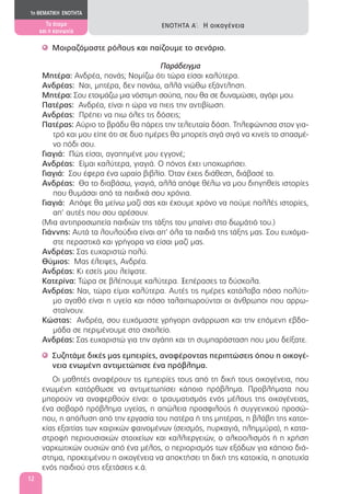 Μοιραζόμαστε ρόλους και παίζουμε το σενάριο.'
Παράδειγμα
Μητέρα: Ανδρέα, πονάς; Νομίζω ότι τώρα είσαι καλύτερα.
Ανδρέας: Ναι, μητέρα, δεν πονάω, αλλά νιώθω εξάντληση.
Μητέρα: Σου ετοιμάζω μια νόστιμη σούπα, που θα σε δυναμώσει, αγόρι μου.
Πατέρας: Ανδρέα, είναι η ώρα να πιεις την αντιβίωση.
Ανδρέας: Πρέπει να πιω όλες τις δόσεις;
Πατέρας: Αύριο το βράδυ θα πάρεις την τελευταία δόση. Τηλεφώνησα στον για-
τρό και μου είπε ότι σε δυο ημέρες θα μπορείς σιγά σιγά να κινείς το σπασμέ-
νο πόδι σου.
Γιαγιά: Πώς είσαι, αγαπημένε μου εγγονέ;
Ανδρέας: Είμαι καλύτερα, γιαγιά. Ο πόνος έχει υποχωρήσει.
Γιαγιά: Σου έφερα ένα ωραίο βιβλίο. Όταν έχεις διάθεση, διάβασέ το.
Ανδρέας: Θα το διαβάσω, γιαγιά, αλλά απόψε θέλω να μου διηγηθείς ιστορίες
που θυμάσαι από τα παιδικά σου χρόνια.
Γιαγιά: Απόψε θα μείνω μαζί σας και έχουμε χρόνο να πούμε πολλές ιστορίες,
απ’ αυτές που σου αρέσουν.
(Μια αντιπροσωπεία παιδιών της τάξης του μπαίνει στο δωμάτιό του.)
Γιάννης: Αυτά τα λουλούδια είναι απ’ όλα τα παιδιά της τάξης μας. Σου ευχόμα-
στε περαστικά και γρήγορα να είσαι μαζί μας.
Ανδρέας: Σας ευχαριστώ πολύ.
Θύμιος: Μας έλειψες, Ανδρέα.
Ανδρέας: Κι εσείς μου λείψατε.
Κατερίνα: Τώρα σε βλέπουμε καλύτερα. Ξεπέρασες τα δύσκολα.
Ανδρέας: Ναι, τώρα είμαι καλύτερα. Αυτές τις ημέρες κατάλαβα πόσο πολύτι-
μο αγαθό είναι η υγεία και πόσο ταλαιπωρούνται οι άνθρωποι που αρρω-
σταίνουν.
Κώστας: Ανδρέα, σου ευχόμαστε γρήγορη ανάρρωση και την επόμενη εβδο-
μάδα σε περιμένουμε στο σχολείο.
Ανδρέας: Σας ευχαριστώ για την αγάπη και τη συμπαράσταση που μου δείξατε.
Συζητάμε δικές μας εμπειρίες, αναφέροντας περιπτώσεις όπου η οικογέ-'
νεια ενωμένη αντιμετώπισε ένα πρόβλημα.
Οι μαθητές αναφέρουν τις εμπειρίες τους από τη δική τους οικογένεια, που
ενωμένη κατόρθωσε να αντιμετωπίσει κάποιο πρόβλημα. Προβλήματα που
μπορούν να αναφερθούν είναι: ο τραυματισμός ενός μέλους της οικογένειας,
ένα σοβαρό πρόβλημα υγείας, η απώλεια προσφιλούς ή συγγενικού προσώ-
που, η απόλυση από την εργασία του πατέρα ή της μητέρας, η βλάβη της κατοι-
κίας εξαιτίας των καιρικών φαινομένων (σεισμός, πυρκαγιά, πλημμύρα), η κατα-
στροφή περιουσιακών στοιχείων και καλλιεργειών, ο αλκοολισμός ή η χρήση
ναρκωτικών ουσιών από ένα μέλος, ο περιορισμός των εξόδων για κάποιο διά-
στημα, προκειμένου η οικογένεια να αποκτήσει τη δική της κατοικία, η αποτυχία
ενός παιδιού στις εξετάσεις κ.ά.
1η ΘΕΜΑΤΙΚΗ ΕΝΟΤΗΤΑ
Το άτομο
και η κοινωνία
ΕΝΟΤΗΤΑ Α΄: Η οικογένεια
12
 