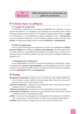 15
2Ο
ΚΕ Φ Α Λ Α Ι Ο
Ρόλοι, δικαιώματα και υποχρεώσεις των
μελών της οικογένειας
Τα βασικά σημεία του μαθήματος
Α. Η μορφή της οικογένειας
Η οικογένεια, ανάλογα με το κοινωνικό περιβάλλον στο οποίο ζει, τις οικο-
νομικές δυνατότητες, την παράδοση, τον πολιτισμό και τον τρόπο ζωής, αποκτά
ιδιαίτερα χαρακτηριστικά στοιχεία. Το κυριότερο χαρακτηριστικό είναι η μορφή
της. Παλαιότερα η πιο διαδεδομένη μορφή οικογένειας ήταν η διευρυμένη,
ενώ στις σύγχρονες κοινωνίες η πιο συνηθισμένη μορφή οικογένειας είναι η πυ-
ρηνική. Η οικογένεια μπορεί επίσης να είναι πολύτεκνη ή μονογονεϊκή.
Β. Ρόλοι και οργάνωση
Για την ομαλή λειτουργία της οικογένειας, τα μέλη της αναλαμβάνουν διαφο-
ρετικούς ρόλους και υιοθετούν τρόπους συμπεριφοράς. Οι γονείς φροντίζουν
τα παιδιά, αλλά και αυτά σέβονται και αγαπούν τους γονείς τους. Τα μέλη της οι-
κογένειας έχουν και άλλους ρόλους στη ζωή τους (μέλη συλλόγων, αθλητικών
ομάδων κτλ.).
Γ. Δικαιώματα και υποχρεώσεις
Για να εξασφαλίσουν τα μέλη την ομαλή λειτουργία της οικογένειας, τηρούν
συγκεκριμένους κανόνες συμπεριφοράς, οι οποίοι ρυθμίζουν αυτά που πρέπει
να κάνει ή να αποφεύγει κάθε μέλος της οικογένειας. Όλα τα μέλη της οικογένει-
ας έχουν δικαιώματα αλλά και υποχρεώσεις.
Γλωσσάρι
διευρυμένη οικογένεια: οικογένεια που αποτελείται από μεγάλο αριθμό με-
λών (πατέρας, μητέρα, παιδιά, παππούς, γιαγιά, θείοι, θείες κ.ά.), που και δι-
αμένουν κάτω από την ίδια στέγη συχνά.
πυρηνική οικογένεια: οικογένεια που αποτελείται από έναν γονέα (μητέρα ή
πατέρα) και ένα ή περισσότερα παιδιά.
πολύτεκνη οικογένεια: οικογένεια που έχει περισσότερα από τρία παιδιά.
μονογονεϊκή οικογένεια: οικογένεια που αποτελείται από έναν γονέα (μητέρα
ή πατέρα) και ένα ή περισσότερα παιδιά.
ρόλος: η κοινωνική συμπεριφορά που αναμένεται από πρόσωπο το οποίο κα-
τέχει συγκεκριμένη κοινωνική θέση σε σχέση με τον κάτοχο άλλης θέσης.
κανόνας: αρχή ή νόμος, σύμφωνα με τα οποία πρέπει να γίνεται κάτι.
 