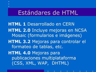 Estándares de HTML
HTML 1 Desarrollado en CERN
HTML 2.0 Incluye mejoras en NCSA
Mosaic (formularios e imágenes)
HTML 3.2 Mejoras para controlar el
formateo de tablas, etc.
HTML 4.0 Mejoras para
publicaciones multiplataforma
(CSS, XML, WAP, DHTML)
 