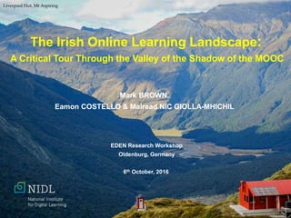 The Irish Online Learning Landscape:
A Critical Tour Through the Valley of the Shadow of the MOOC
Mark BROWN,
Eamon COSTELLO & Mairead NIC GIOLLA-MHICHIL
EDEN Research Workshop
Oldenburg, Germany
6th October, 2016
Liverpool Hut, Mt Aspiring
 