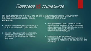 Правовое VS социальное
Их единство состоит в том, что оба они
призваны обеспечивать благо
индивида
 первый - индивидуальную свободу и
основополагающие права личности
 второй - социальную безопасность,
материальные условия свободы и
достойное существование каждого
человека.
Противоречия же между ними
проявляются в том:
 что правовое государство не должно
вмешиваться в вопросы распределения
общественного богатства, обеспечения
материального и культурного
благосостояния граждан
 социальное же государство
непосредственно занимается этим, хотя и
стремится не подрывать основы рыночного
хозяйства
 